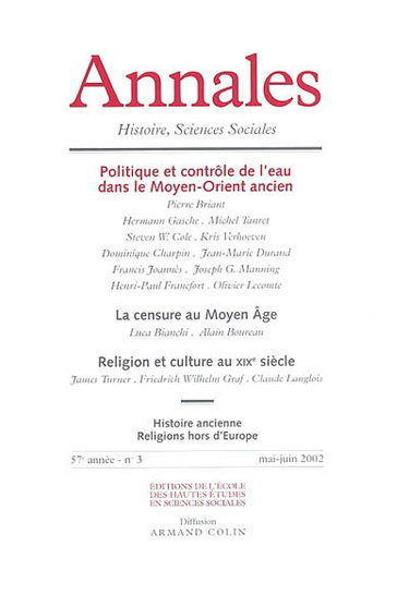 Couverture de Annales, n° 3 (2002). Politique et contrôle de l'eau dans le Moyen-Orient ancien