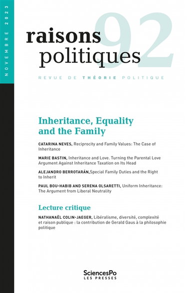 Couverture de Raisons politiques, n° 92. Inheritance, equality and the family