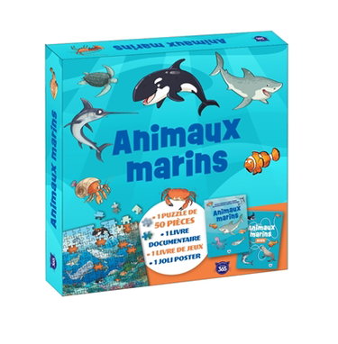 Couverture de Animaux marins : 1 puzzle de 50 pièces, 1 livre documentaire, 1 livre de jeux, 1 joli poster