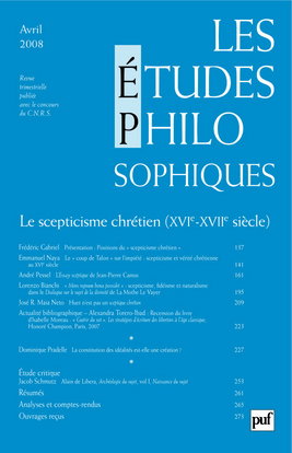 Couverture de Etudes philosophiques (Les), n° 2 (2008). Le scepticisme chrétien (XVIe-XVIIe siècle) par Collectif