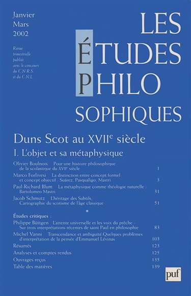 Couverture de Etudes philosophiques (Les), n° 1 (2002). Duns Scot au XVIIe siècle par Collectif