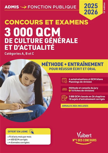 Couverture de 3.000 QCM de culture générale et d'actualité : concours et examens, catégories A, B et C : méthode + entraînement pour réussir écrit et oral, 2025-2026