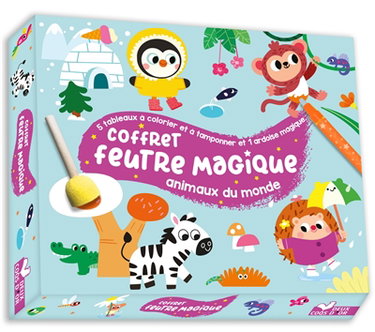 Couverture de Coffret feutre magique animaux du monde : 5 tableaux à colorier et tamponner et 1 ardoise magique par Marine Fleury