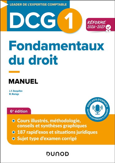 Couverture de DCG 1, fondamentaux du droit : manuel : réforme 2026-2027 par Jean-François Bocquillon