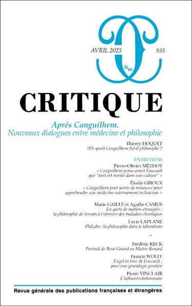 Couverture de Critique, n° 935. Après Canguilhem : nouveaux dialogues entre médecine et philosophie