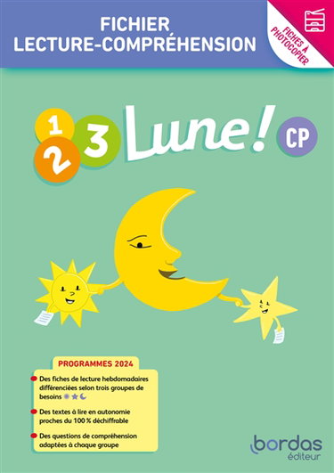 Couverture de 1, 2, 3 lune ! CP, fichier lecture-compréhension : fiches à photocopier : programme 2024