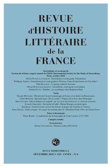 Couverture de Revue d'histoire littéraire de la France, n° 4 (2025). Surréalisme et avant-garde : session du sixième congrès annuel de l'ISSS (International society for the study of surrealism), Paris, octobre 2024