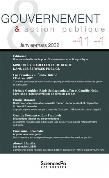 Couverture de Gouvernement & action publique, n° 11-1. Minorités sexuelles et de genre dans les services publics