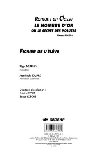 Couverture de Le nombre d'or ou Le secret des volutes, Marcel Pineau : fichier de l'élève par Régis Delpeuch