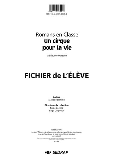 Couverture de Un cirque pour la vie, Guillaume Marsault : fichier de l'élève par Mariette Sémelin