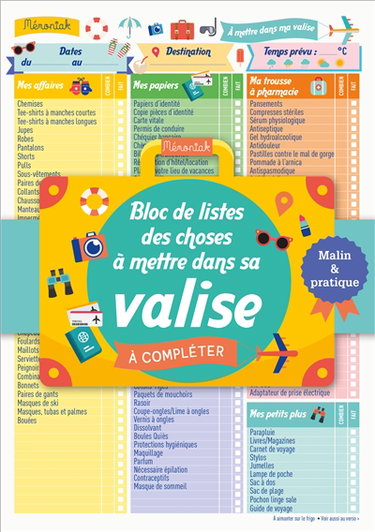 Couverture de Bloc de listes des choses à mettre dans sa valise, à compléter