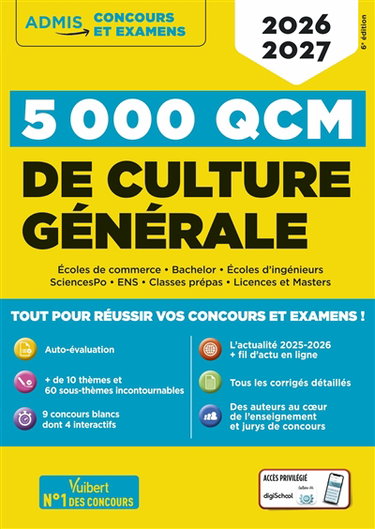 Couverture de 5.000 QCM de culture générale : 2026-2027 : écoles de commerce, bachelor, écoles d'ingénieurs, SciencesPo, ENS, classes prépas, licences et masters