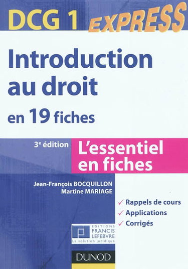 Couverture de Introduction au droit en 19 fiches, DCG 1 : l'essentiel en fiches : rappels de cours, applications, corrigés