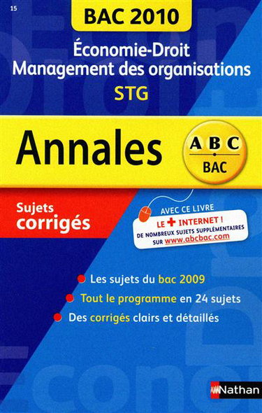 Couverture de Economie droit, management des organisations, STG : bac 2010, sujets corrigés
