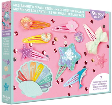 Couverture de Mes barrettes pailletées : 7 barrettes à créer. My glittery hair clips : 7 hair clips to create. Mis pinzas brillantes : 7 pinzas para crear. Le mie mollette glitterate : 7 molette da creare
