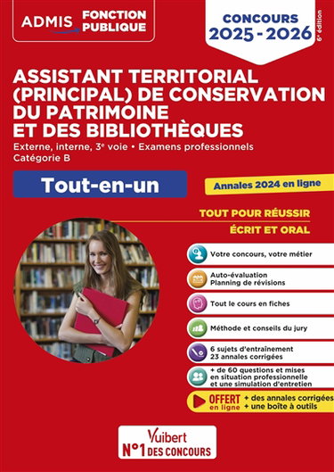 Couverture de Assistant territorial (principal) de conservation du patrimoine et des bibliothèques : externe, interne, 3e voie, examens professionnels, catégorie B : tout-en-un, concours 2025-2026