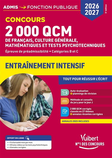Couverture de 2.000 QCM de français, culture générale, mathématiques et tests psychotechniques : épreuve de préadmissibilité, catégories B et C : entraînement intensif, tout pour réussir l'écrit l'oral, concours 2026-2027