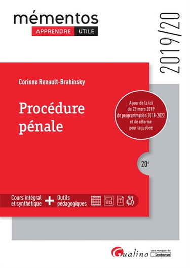 Couverture de Procédure pénale : 2019-2020 par Corinne Renault-Brahinsky
