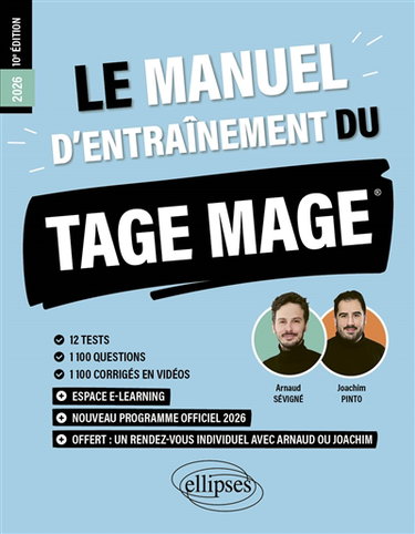 Couverture de Le manuel d'entraînement du Tage Mage : nouveau programme officiel 2026 : 12 tests, 1.100 questions, 1.100 corrigés en vidéos