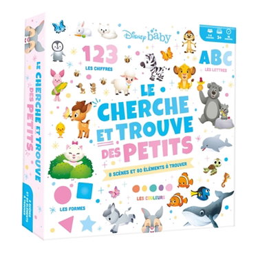 Couverture de DISNEY BABY : Coffret Le Cherche et Trouve des petits (couleurs, formes, chiffres, lettres) : Les couleurs, les formes, les chiffres et les lettres