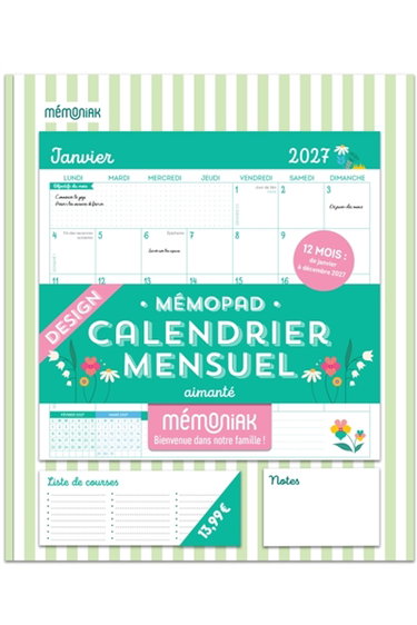 Couverture de Mémopad, calendrier mensuel aimanté Mémoniak 2027 : design : 12 mois, de janvier à décembre 2027