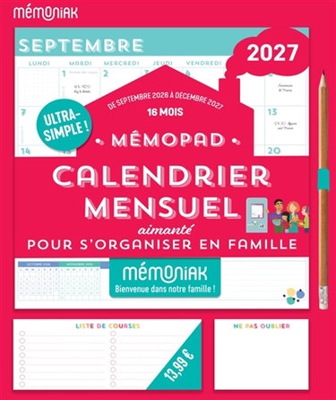 Couverture de Mémopad, calendrier mensuel aimanté pour s'organiser en famille : Mémoniak 2027 : 16 mois, de septembre 2026 à décembre 2027