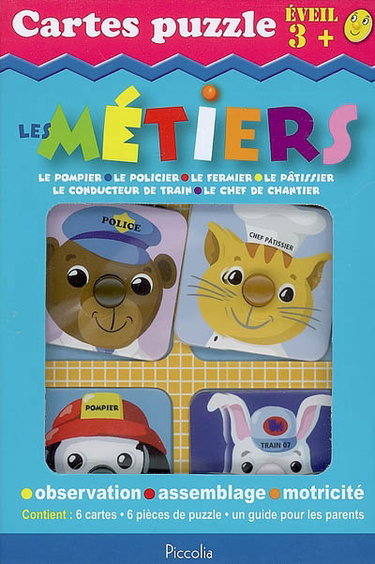 Couverture de Les métiers : le pompier, le policier, le fermier, le pâtissier, le conducteur de train, le chef de chantier : observation, assemblage, motricité