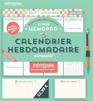 Couverture de Mémopad, calendrier hebdomadaire aimanté : 12 mois, de septembre 2026 à août 2027