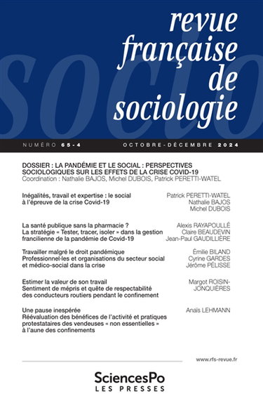 Couverture de Revue française de sociologie, n° 65-4. La pandémie et le social : perspectives sociologiques sur les effets de la crise Covid-19