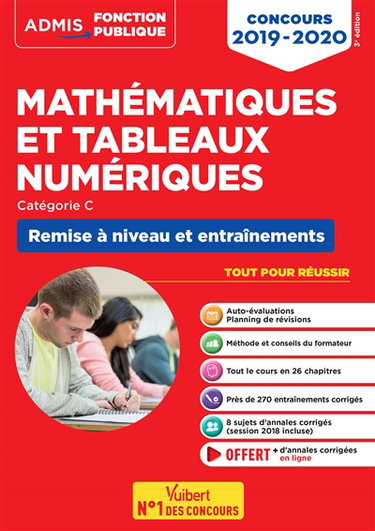 Couverture de Mathématiques et tableaux numériques : remise à niveau et entraînements, catégorie C : concours 2019-2020