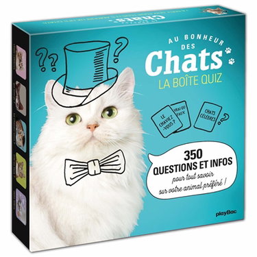 Couverture de Au bonheur des chats : la boîte quiz : 350 questions et infos pour tout savoir sur votre animal préféré ! par Playbac Éditions
