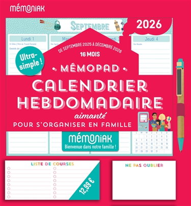Couverture de Mémopad, calendrier hebdomadaire aimanté Mémoniak 2026 : pour s'organiser en famille : 16 mois, de septembre 2025 à décembre 2026
