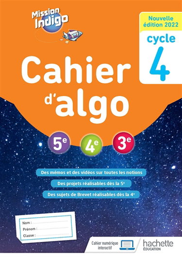Couverture de Cahier d'algo 5e, 4e, 3e, cycle 4