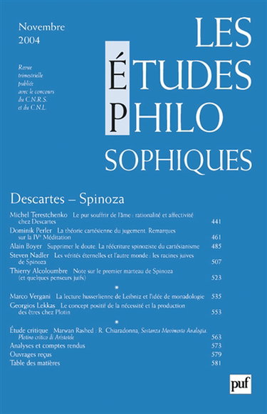 Etudes philosophiques (Les), n° 4 (2004). Descartes-Spinoza