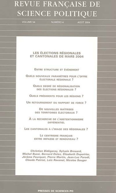 Couverture de Revue française de science politique, n° 4 (2004). Les élections régionales et cantonales françaises de mars 2004
