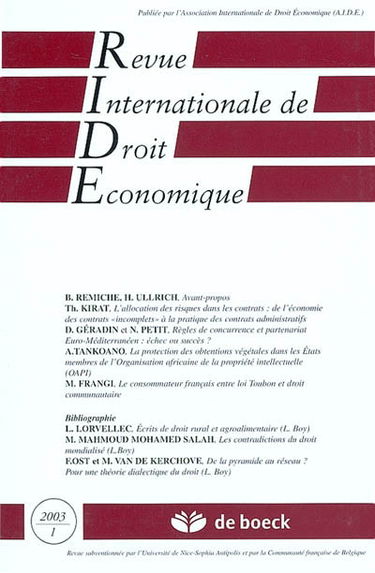 Revue internationale de droit économique, n° 1 (2003)