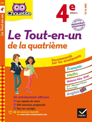 Le tout-en-un de la quatrième, cycle 4, 13-14 ans : français, maths, histoire géo, EMC, SVT, physique chimie, technologie, anglais : nouveaux programmes, réforme du collège