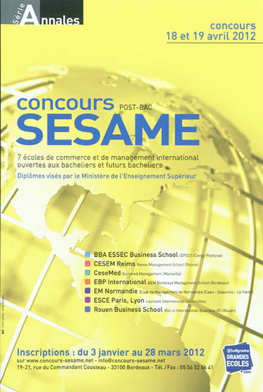 Concours post-bac Sésame : annales 2011, sujets et corrigés officiels : concours 18 et 19 avril 2012