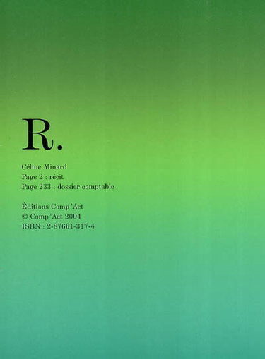 Couverture de R. : page 2 récit : page 233 dossier comptable