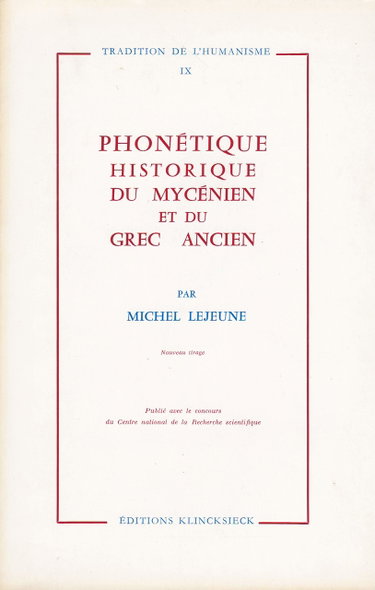 Couverture de Phonétique historique du mycénien et du grec ancien