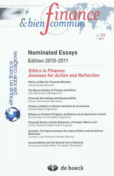 Couverture de Finance & bien commun, n° 39. Ethics in finance : avenues for action and reflection