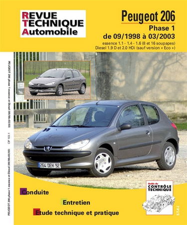 Peugeot 206 : phase 1 de 09-1988 à 03-2003 : essence 1.1, 1.4, 1.6 (8 et 16 soupapes) Diesel 1.9 D et 2.0 HDi (sauf version Eco)
