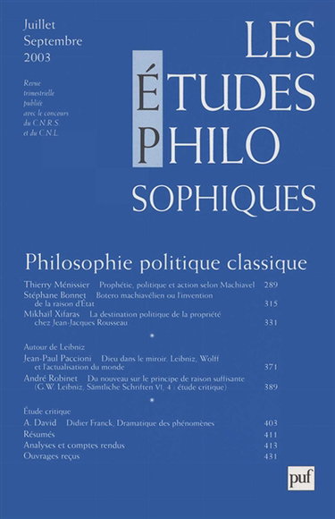 Etudes philosophiques (Les), n° 3 (2003). Philosophie politique classique