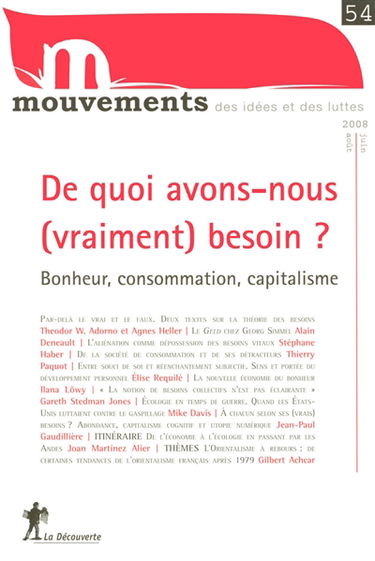 Mouvements, n° 54. De quoi avons-nous (vraiment) besoin ? : bonheur, consommation, capitalisme