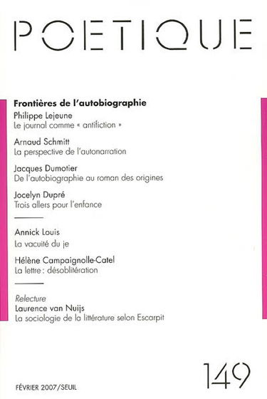 Poétique, n° 149. Frontières de l'autobiographie