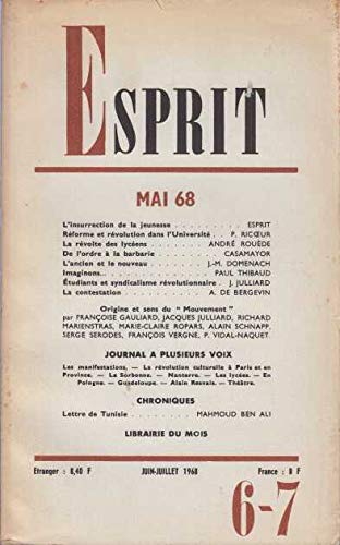 Couverture de Esprit (juin - juillet 1968) : Mai 68 [Board book] [Jan 01, 1968] Collectif
