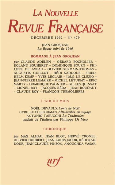 Nouvelle revue française, n° 479. Hommage à Jean Grosjean
