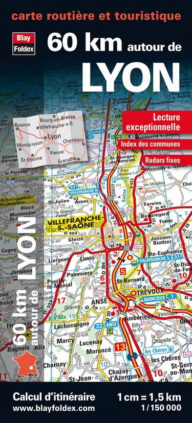 60 km autour de Lyon, carte routière et touristique