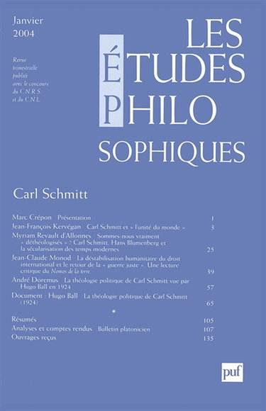 Etudes philosophiques (Les), n° 1 (2004). Carl Schmitt