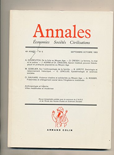 Couverture de Annales 48 année-N°5 A.Gourevitch, de la folie au Moyen-âge-M.Godelier, sur l'anthropologie de la famille-Cl.Gauvard, violence citadine et solidarités au Moyen-âge par Collectif